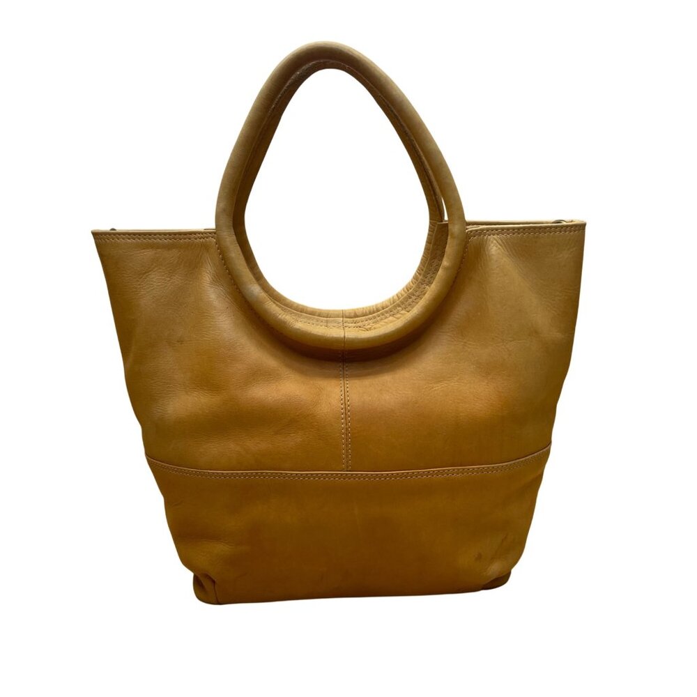 Chaos Tan Leather Crossbody Strap Circular Handles & Snap Closure Tote Bag - Picture 1 of 10